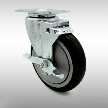 Service Caster 5 Inch SS Black Polyurethane Swivel Top Plate Caster with Brake SCC-SS20S514-PPUB-BLK-TLB